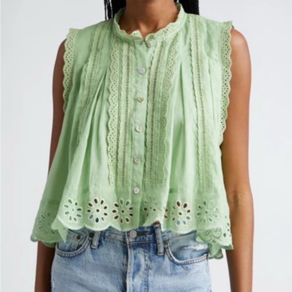 FARM Rio Green Cropped Sleeveless Blouse Eyelet Lace